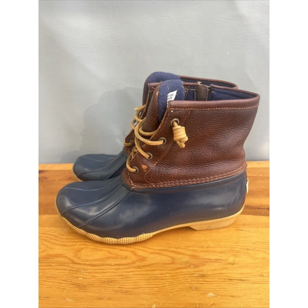 Sperry Topsider Saltwater Duck Boots Womens 7.5 Brown Leather Navy